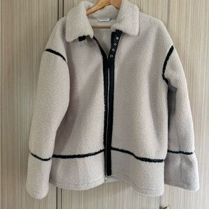 Beginning Boutique Off White Sherpa Jacket with Faux Leather Trim Accent